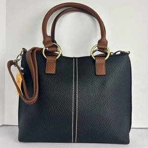NWT 22 Tote Handbag Pebbled Tote Black Brown Trim Double Handle Adjustable Strap
